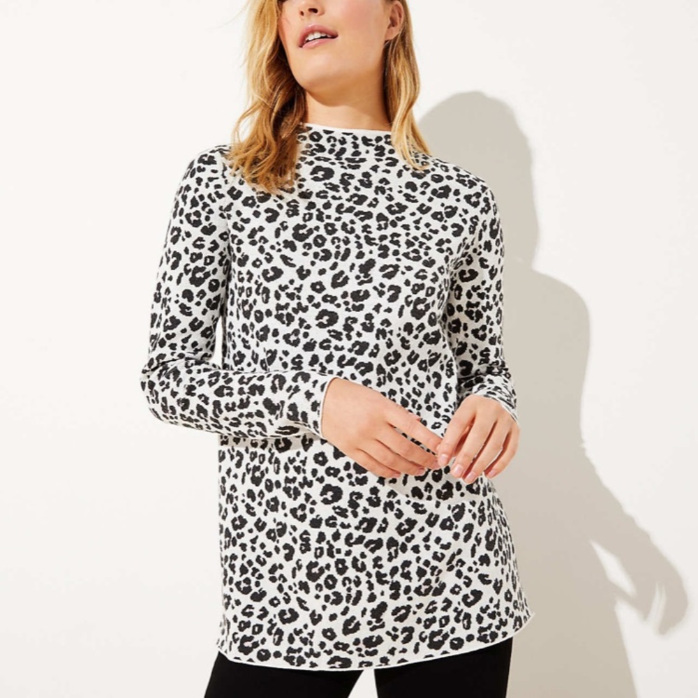 Loft Leopard Mock Neck Tunic Sweater Medium